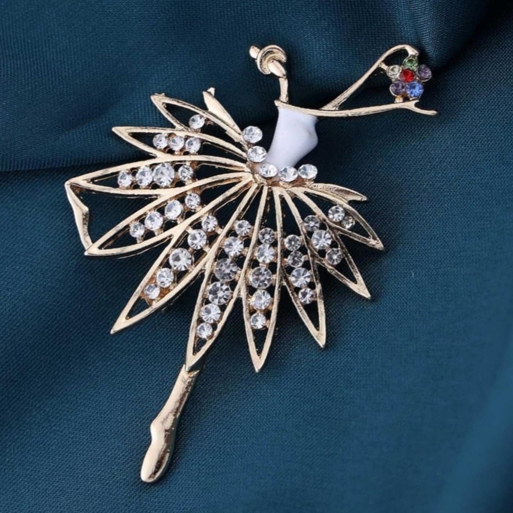Elegant Gold Ballerina Brooch with Crystals